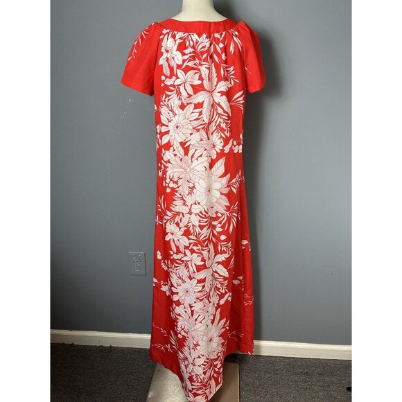 Vintage 70s Womens M Red/White Long Floral Print Hawaiian Maxi Dress Wedding - Picture 5 of 8